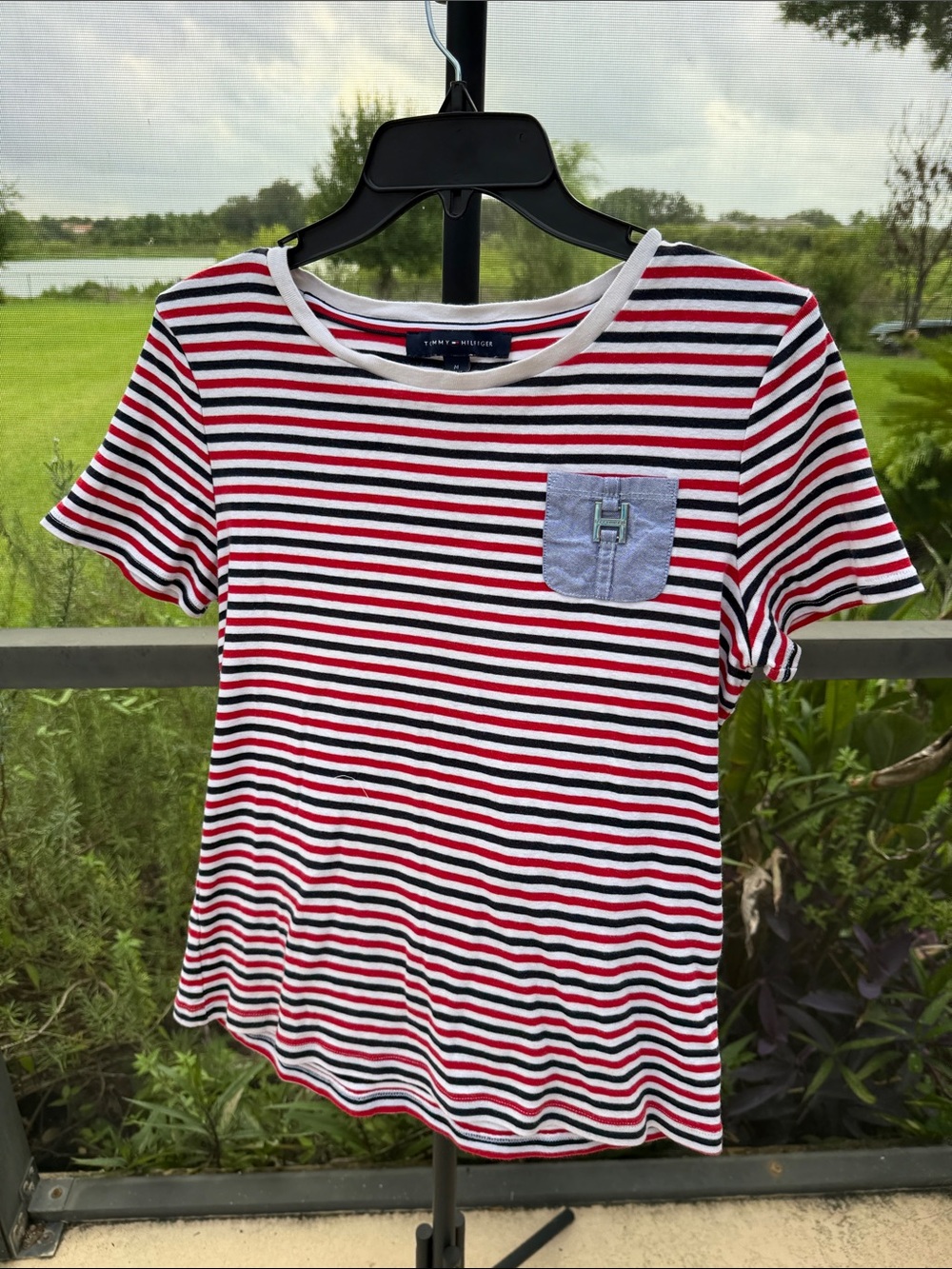 Tommy Hilfiger Red, White & Navy Striped Short Sleeve Tee with Light Blue Pocket
